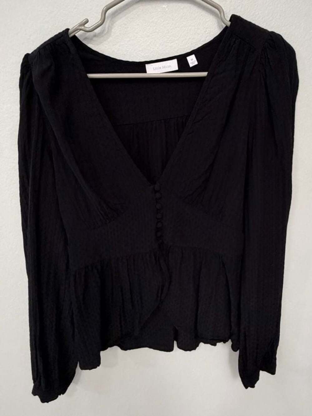 Little Moon Arbus Blouse Black V-Neck Button Front Peplum Size M